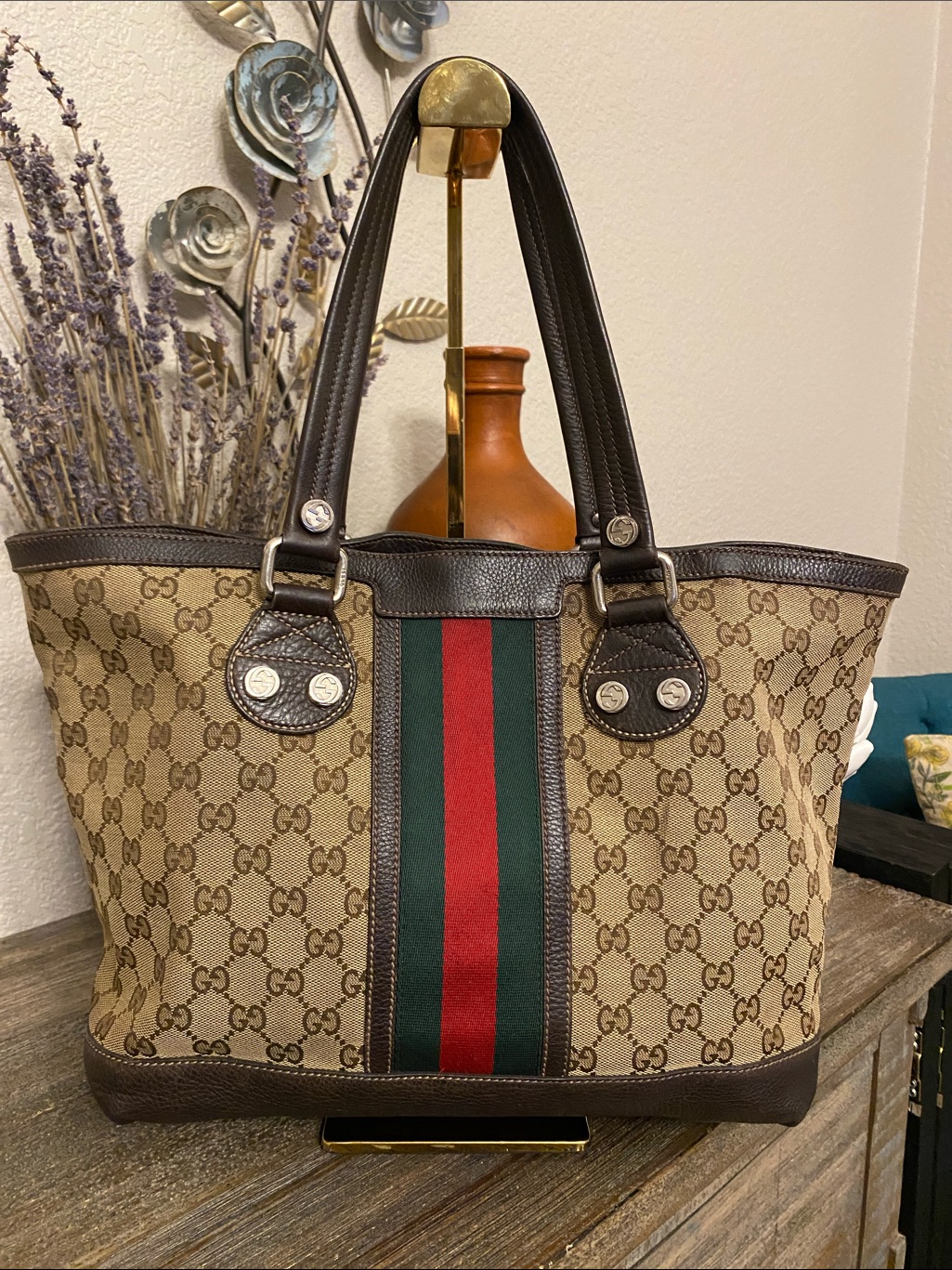 Guc Authentic Gucci Brown Monogram Canvas Medium Vintage Web Sunset Tote Bag